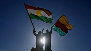 رفع متظاهرون من المجتمع الكردي أعلام حزبية خلال مظاهرة بيروت، لبنان، الثلاثاء 20 يناير/كانون الثاني 2026. 