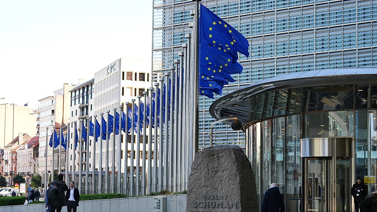 European Union flags flap in the wind outside EU headquarters in Brussels, Thursday, March 5, 2026. (AP Photo/Virginia Mayo)