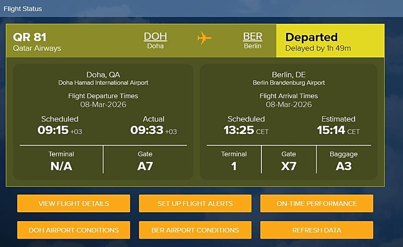 Der einzige Flug am 08. März von Doha Hamad International Airport nach BER Berlin. 