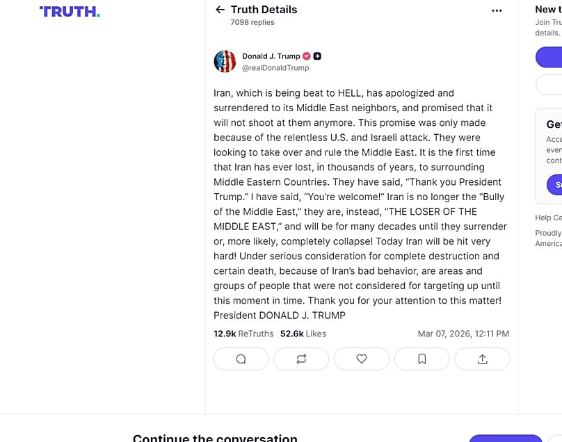 منشور للرئيس ترامب على منصته تروث سوشال