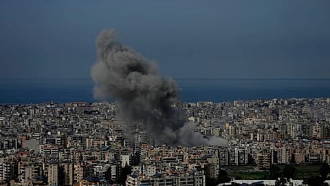Smoke rise following Israeli airstrikes in Dahiyeh, Beirut's southern suburbs, Lebanon, Friday, March 6, 2026.