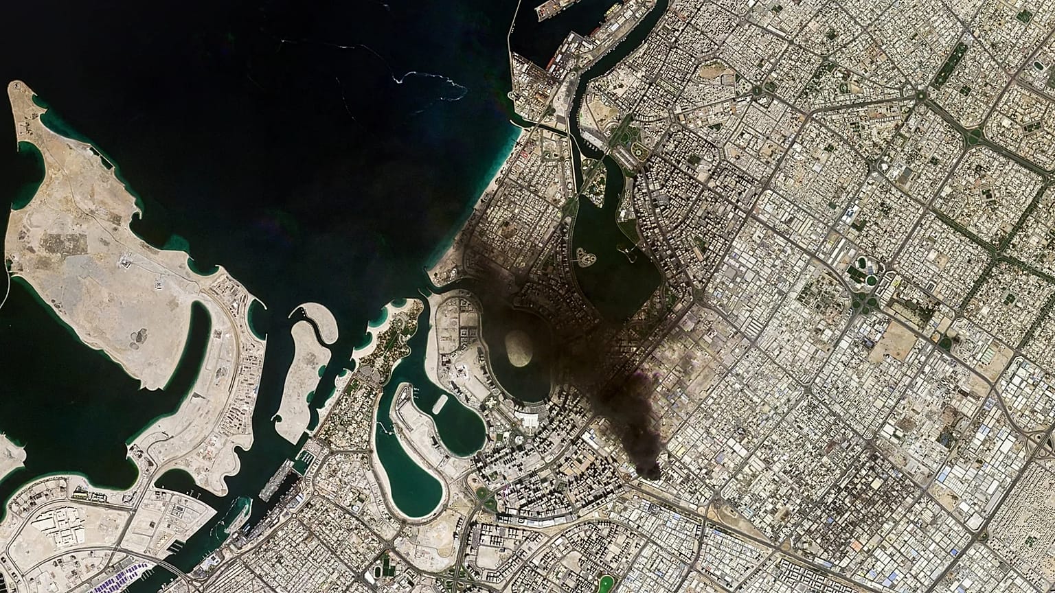 This satellite image provided by Planet Labs PBC shows the aftermath of an air strike on Dubai, 1 March, 2026