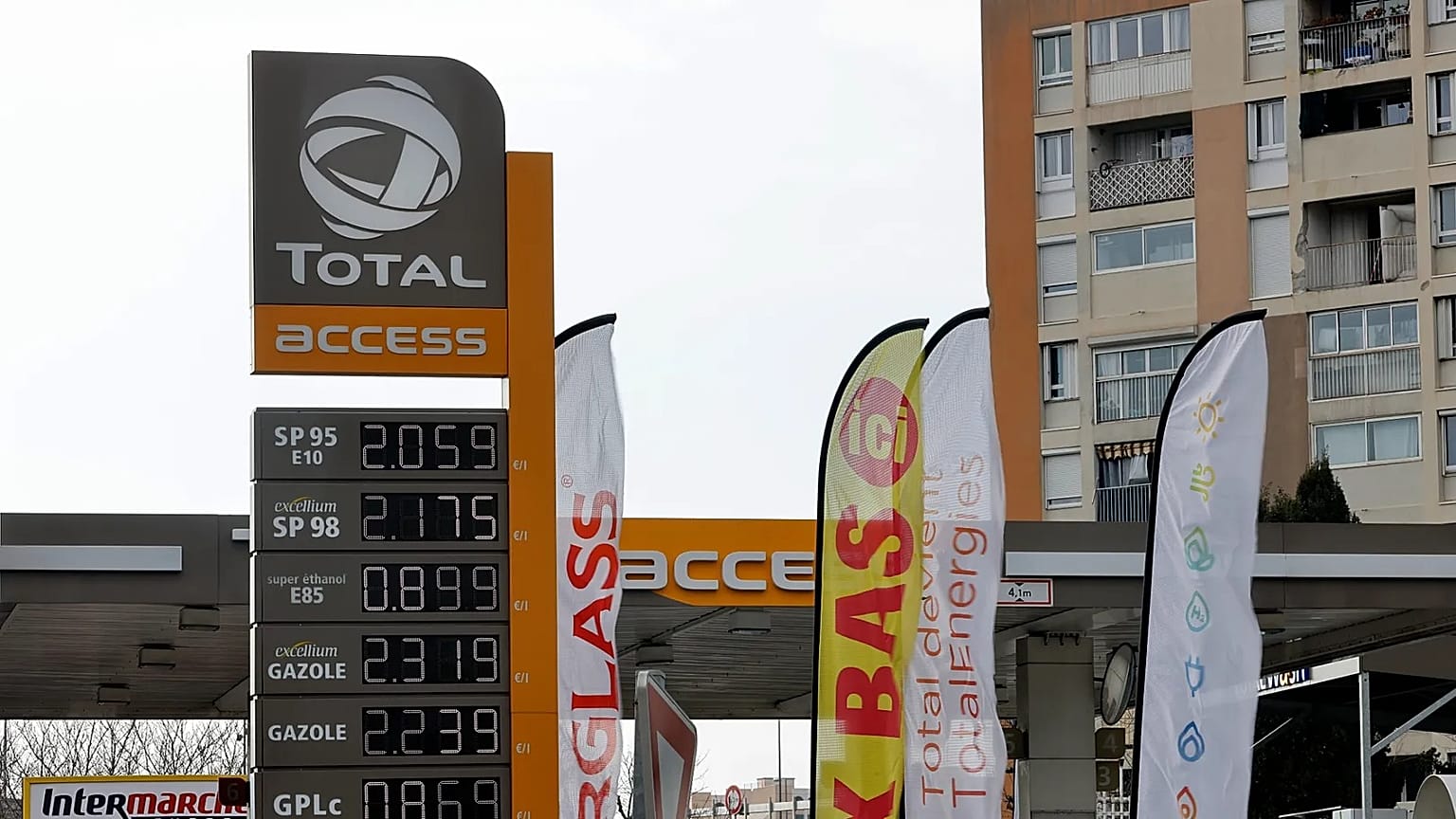 A gas station displays prices up to €2.31 per litre in Marseille, southern France, Wednesday, March 9, 2022.
