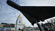 St. Michael Cathedral in Kyiv, Ukraine as Russian drone "Geran-2" is displayed as part of an exhibition of destroyed Russian military equipment, Feb. 28, 2026