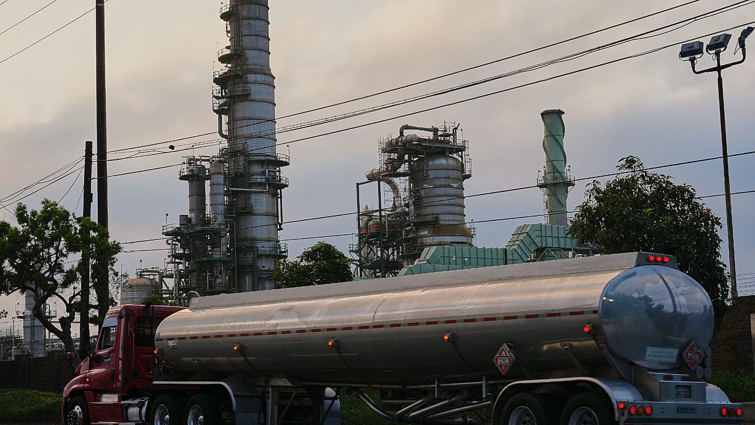 A tanker truck transports oil as it leaves the Chevron Products Company refinery, California, 4 March 2026