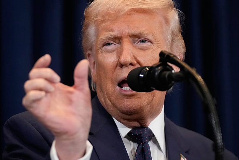 President Donald Trump speaks at a news conference, Monday, March 9, 2026, at Trump National Doral Miami in Doral, Florida