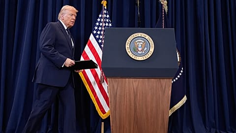 President Donald Trump arrives to speak at a news conference, Monday, March 9, 2026