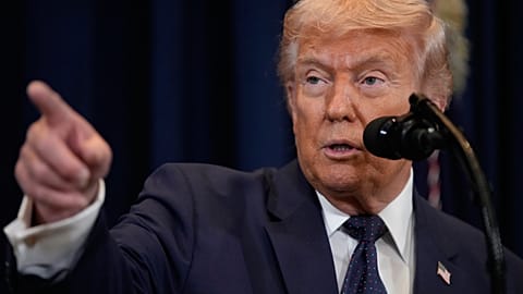 President Donald Trump speaks at a news conference, Monday, 9 March 2026, at Trump National Doral Miami in Doral, Fla.