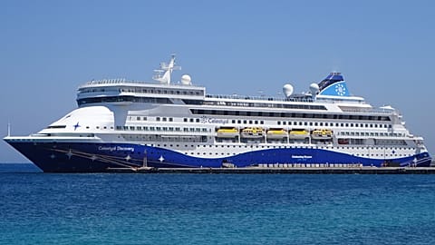 The Celestyal Discovery is currently docked in Dubai