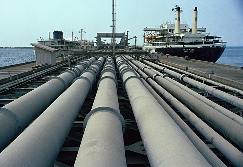 The pipes and a tanker on Kharg Island jetty in Iran, July, 1971