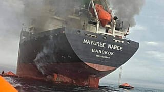 This image released by the Royal Thai Navy shows Thai cargo ship, Mayuree Naree, that was struck and set ablaze in the Strait of Hormuz, 11 March 2026