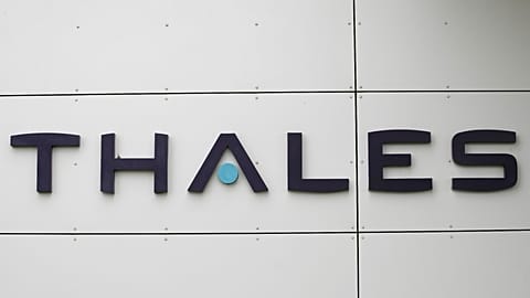 he logo of Thales is displayed during a visit at Thales radar factory by French Defense Minister Sebastien Lecornu and Ukrainian Minister of Defense Oleksii Reznikov, in Limou
