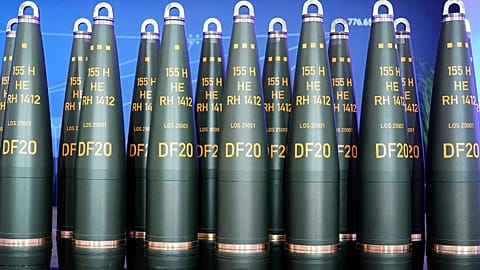 FILE - Artillery shells of German arms manufacturer Rheinmetall are displayed in Unterluess, Germany. 27 August 2025