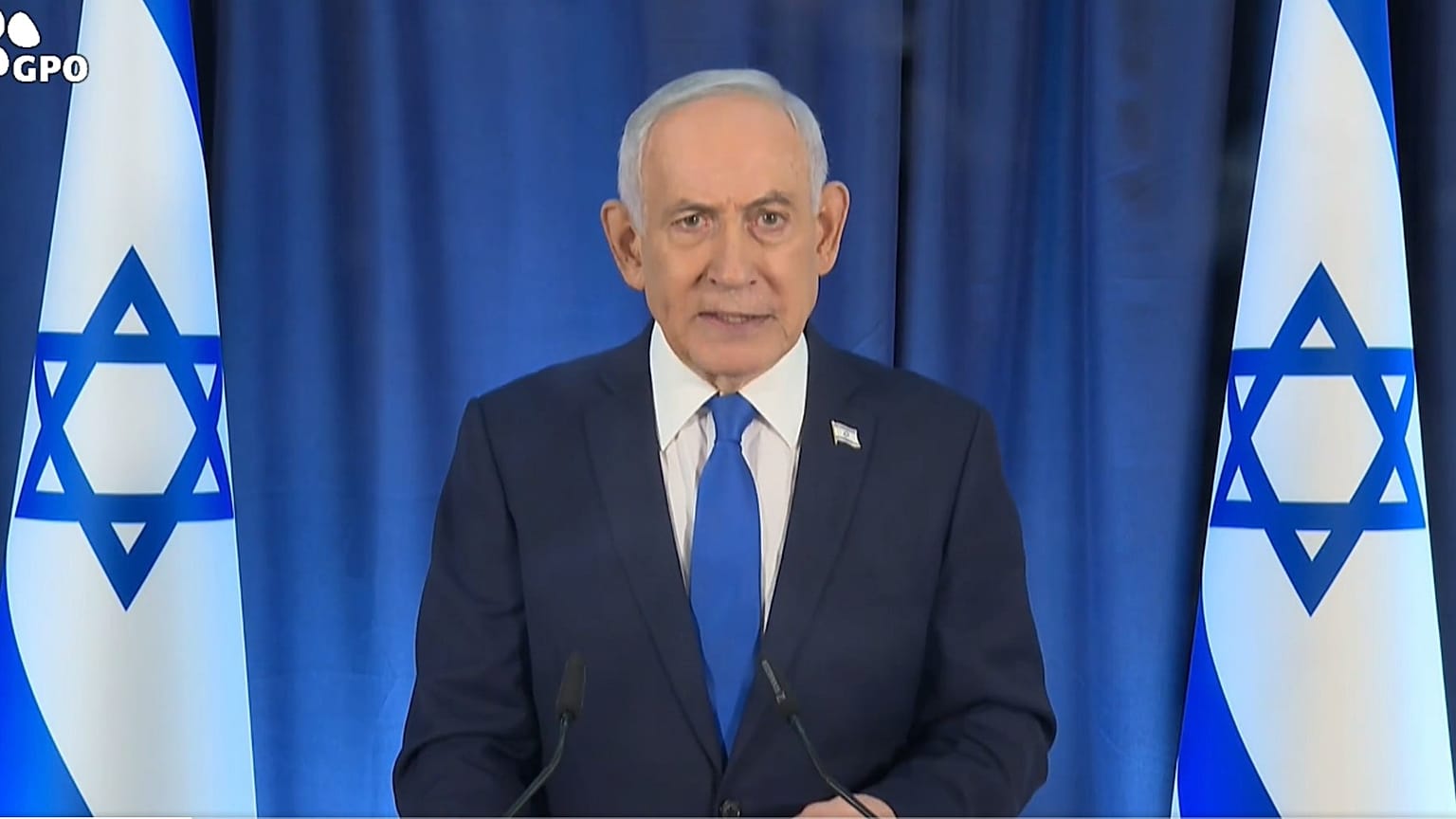 Il primo ministro Netanyahu in uno screenshot del discorso in diretta di giovedì sera