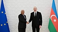 Azebaijan's President Ilham Aliyev, right, and European Council President Antonio Costa shake hands during their meeting in Baku, Azerbaijan, Wednesday, March 11, 2026.