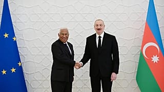  Azebaijan's President Ilham Aliyev, right, and European Council President Antonio Costa shake hands during their meeting in Baku, Azerbaijan, Wednesday, March 11, 2026.