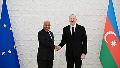  Il presidente dell'Azerbaigian Ilham Aliyev e il presidente del Consiglio europeo Antonio Costa a Baku, in Azerbaigian, mercoledì 11 marzo 2026