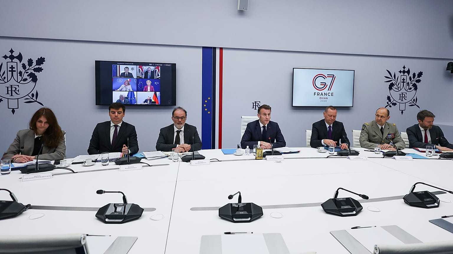 French President Emmanuel Macron, center, chairs a video conference of G7 leaders to discuss the fallout of the war in Iran on the world economy in Paris, 11 March 2026.