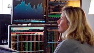 A fund manager looks at screens displaying activities of shares on the French Stock Exchange, in a financial analysis office in Paris, France, Aug. 25, 2015.