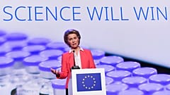 FILE: European Commission President Ursula von der Leyen makes a statement during an official visit to the Pfizer pharmaceutical company in Puurs, Belgium