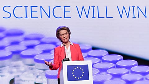 FILE: European Commission President Ursula von der Leyen makes a statement during an official visit to the Pfizer pharmaceutical company in Puurs, Belgium