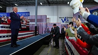 President Donald Trump looks into the crowd after speaking at Verst Logistics Wednesday, March 11, 2026, in Hebron, Ky.