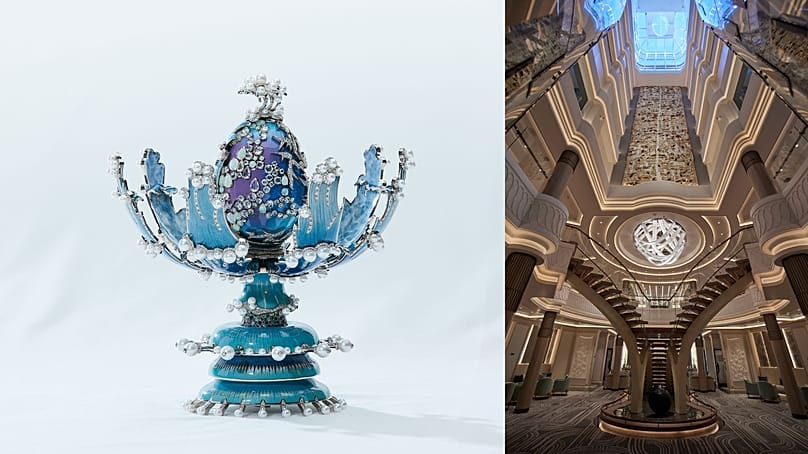A Regent Seven Seas Cruises fedélzetén látható műalkotások között egy Fabergé-tojás is található.