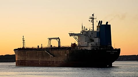 FILE - The oil tanker Eternal Sunshine travels out of Portland Harbor on 10 June 2022, in Portland, Maine.