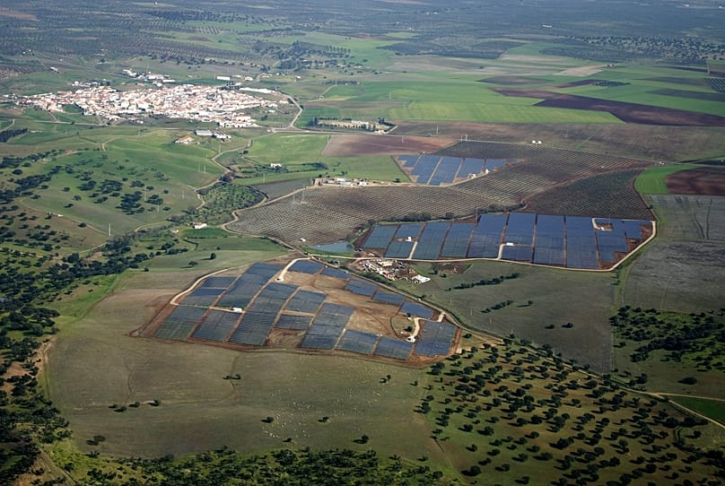 FILE. Aerial view of Serpa solar power plant in Portugal, Mar. 2008