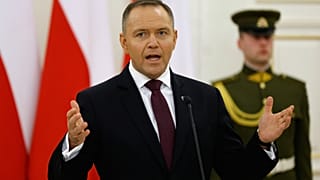 Prezydent Polski Karol Nawrocki na konferencji prasowej z prezydentem Litwy Gitanasem Nausedą i prezydentem Ukrainy Wołodymyrem Zełenskim w Wilnie, Litwa, 25 stycznia 2026 r.