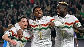 FTC-játékosok, Gavriel Kanichowsky, Lenny Joseph és Bamidele Yusuf gólöröme az FTC - SC Braga labdarúgó Európa-liga mérkőzésen a Groupama Arénában, 2026.03.12-én