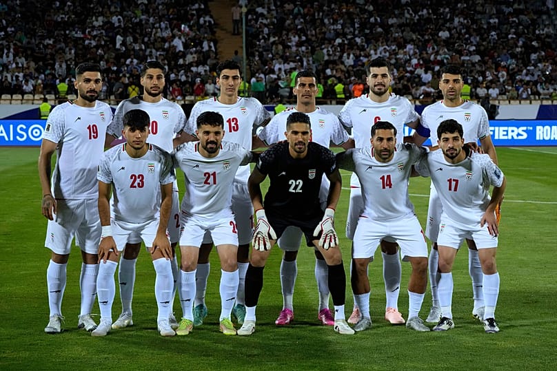 FILE - Irans's players pose for a team photo before an Asian group A qualifying soccer match against North Korea for the 2026 World Cup, June 10, 2025, at Azadi Stadium in Teh