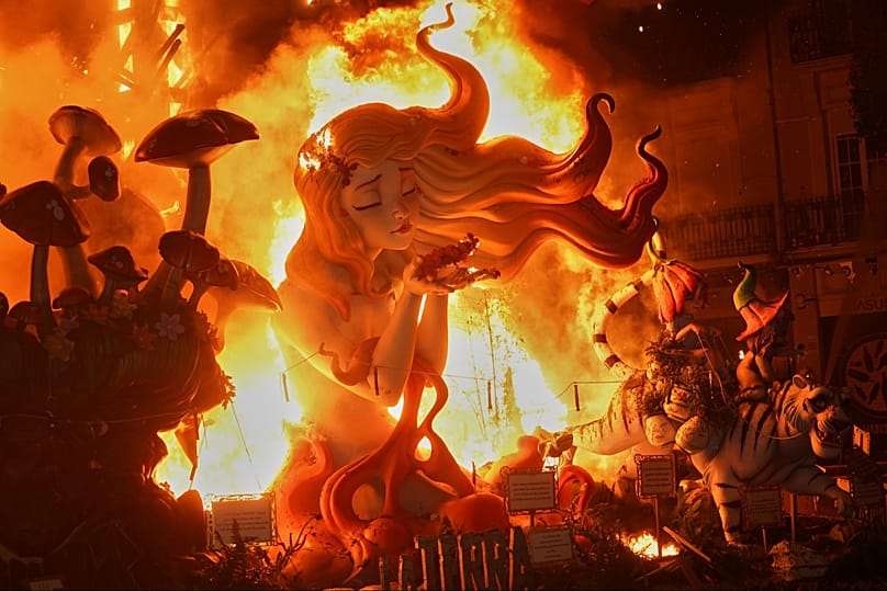 FILE: Cardboard sculptures known as "Ninots" burn during Las Fallas festival in Valencia, 25 March, 2025
