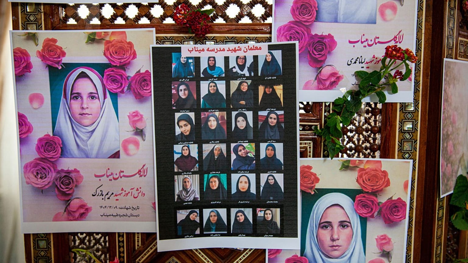 Portraits of school children from the Shajarah Tayyebeh primary school who were killed in an airstrike are shown in Tunis, Tunisia, Thursday 12 March 2026.