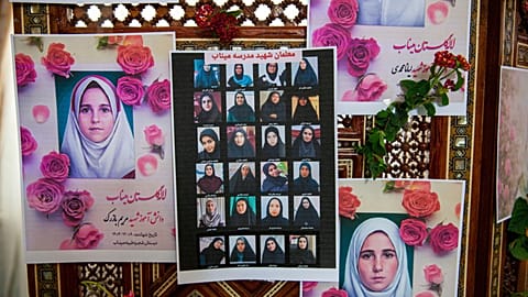 Portraits of school children from the Shajarah Tayyebeh primary school who were killed in an airstrike are shown in Tunis, Tunisia, Thursday 12 March 2026.