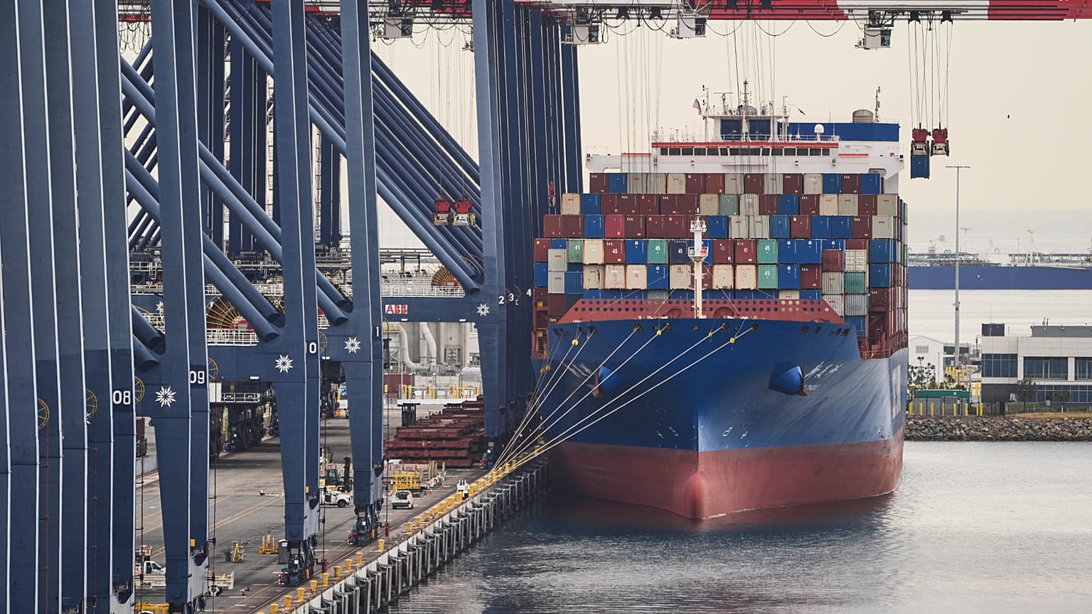 File - A container ship is docked at the Port of Long Beach, Calif., USA. 20 February 2026