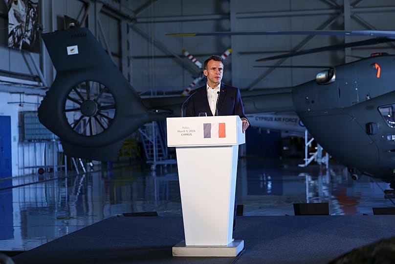 French President Emmanuel Macron speaks in Paphos, 9 March, 2026