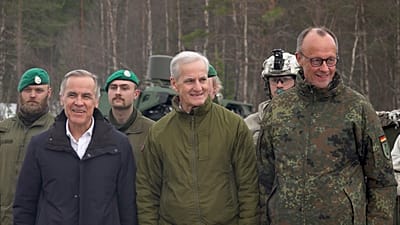 From left: Canadian Prime Minister Mark Carney, Norwegian Prime Minister Jonas Gahr Støre and German Chancellor Friedrich Merz in Norway on 13 March 2026.
