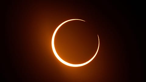 FILE - The moon comes between the sun and the annular solar eclipse, or ring of fire, as seen from San Antonio, Saturday, Oct. 14, 2023.