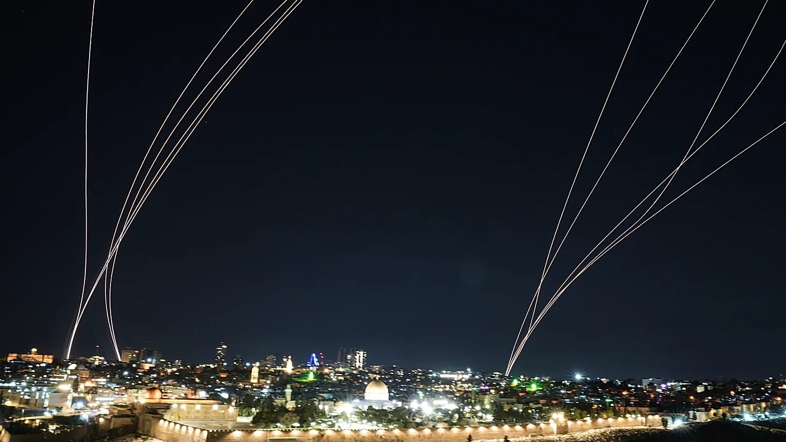 Israeli air defence system fires to intercept missiles launched from Iran toward Israel over Jerusalem, 1 March, 2026