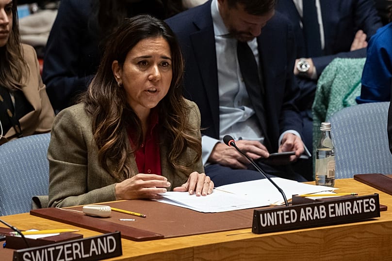 Permanent Representative of the United Arab Emirates to the United Nations Lana Nusseibeh speaks during a UN Security Council meeting, 22 December, 2023