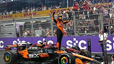 McLaren driver Oscar Piastri celebrates after winning the 2025 F1 Saudi Arabian Grand Prix 