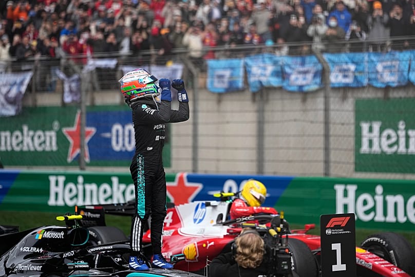 Mercedes driver Andrea Kimi Antonelli of Italy celebrates after he clocked the fastest time in the Chinese Formula One Grand Prix race in Shanghai, 15 March, 2026