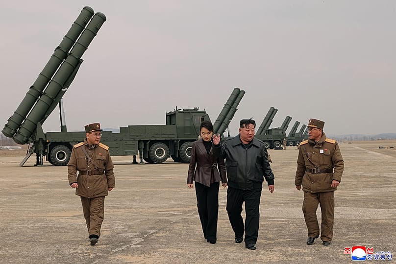 Kim Jong-un and his daughter attend a live-fire test of multiple rocket launch systems at an undisclosed location in North Korea, 14 March, 2026
