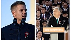 Péter Magyar und Viktor Orbán auf der Bühne, 15.03.2026