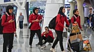 The Iranian women’s football team at Kuala Lumpur International Airport, preparing to fly to Oman after withdrawing asylum requests in Australia.