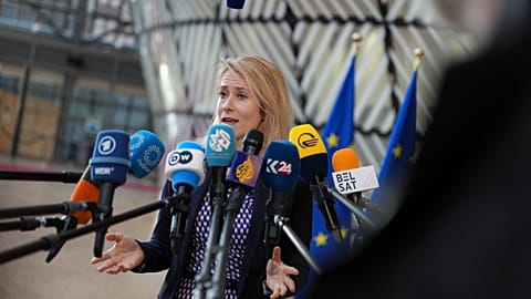  European Union foreign policy chief Kaja Kallas speaks with the media as she arrives for a meeting of EU foreign ministers at the European Council building in Brussels, Monda
