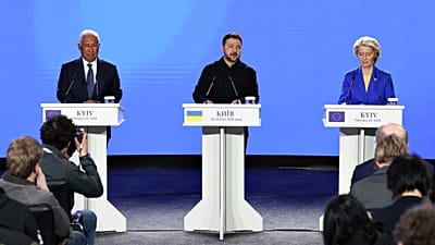 Antonio Costa, Volodymyr Zelenskyy and Ursula von der Leyen.