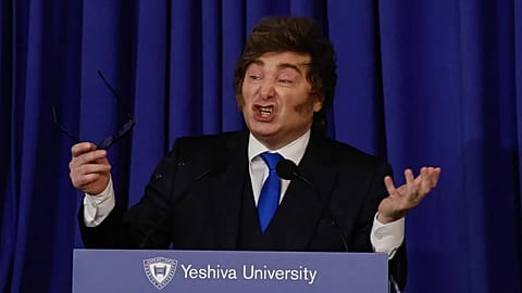 Argentina's President Javier Milei delivers a speech at Yeshiva University on Monday 9 March 2026 in New York.