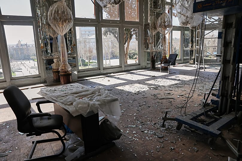 FILE: Shattered glass on the Palace’s floors, caused by U.S. and Israeli strikes  in Tehran, Iran, March 3, 2026.